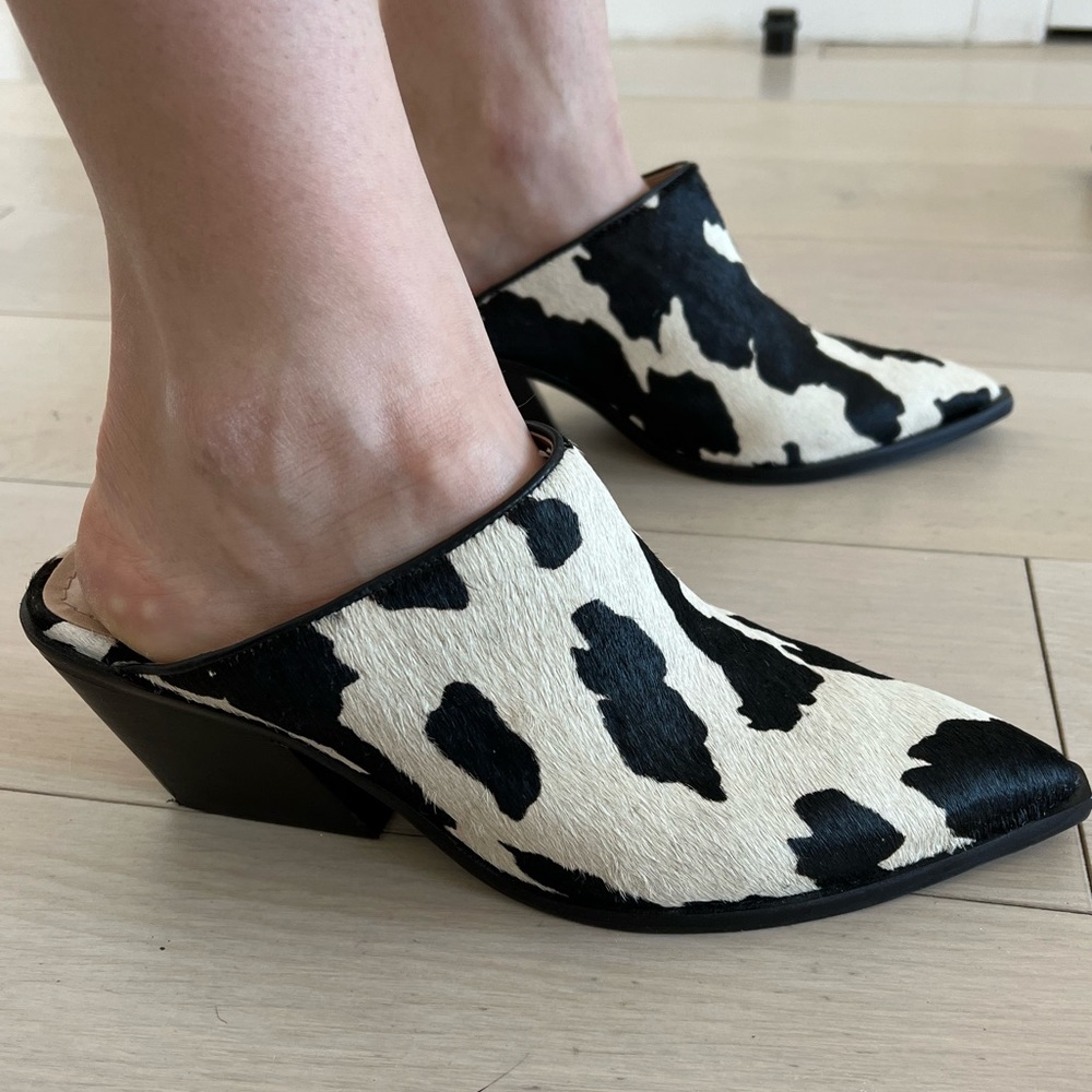 Black and White Real Cowhide Leather Mules Size 40